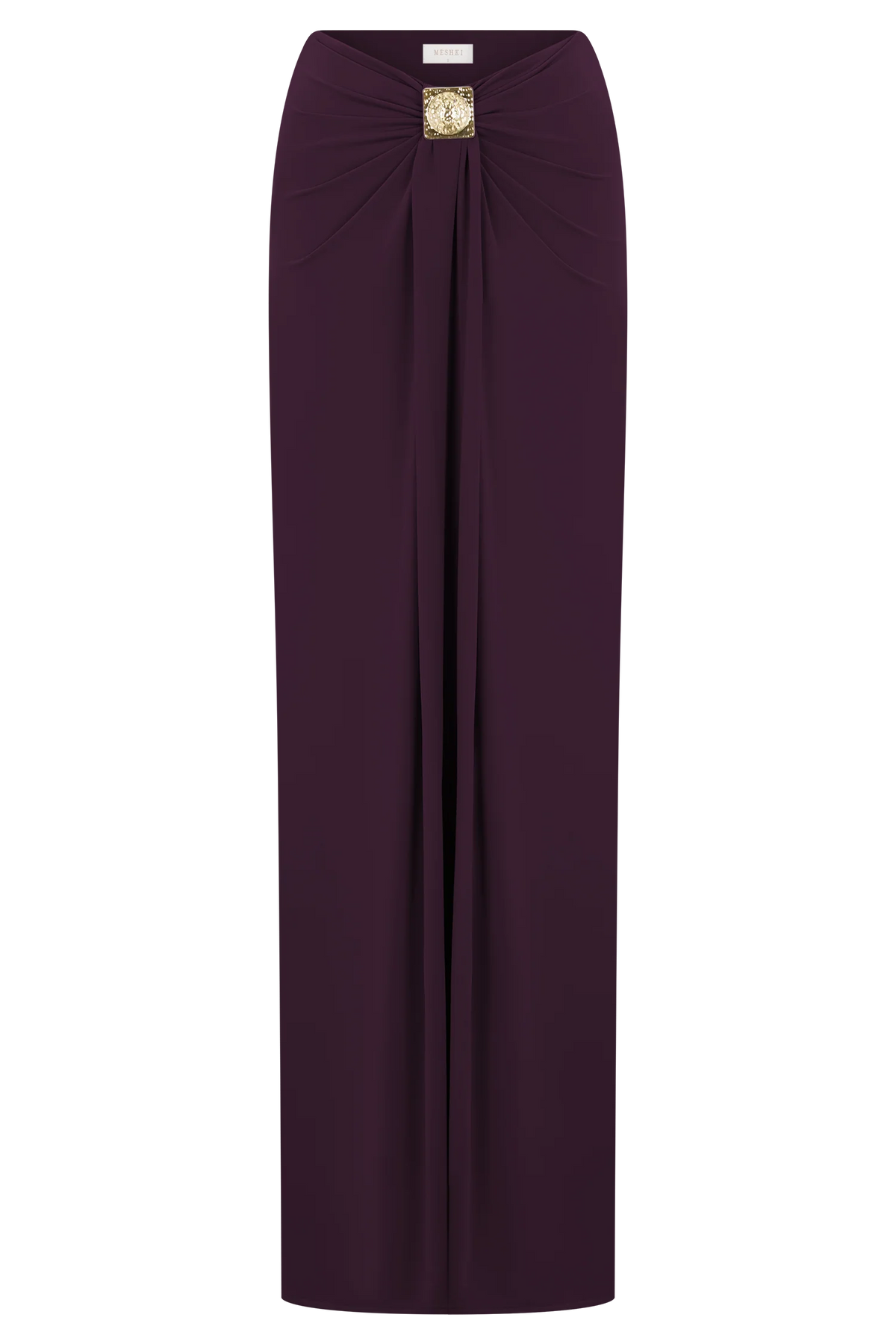 Erina Slinky Ruched Maxi Skirt With Hardware Aubergine