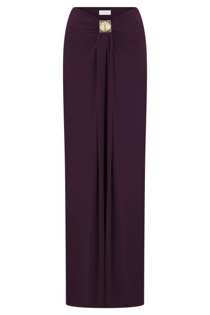 Erina Slinky Ruched Maxi Skirt With Hardware Aubergine
