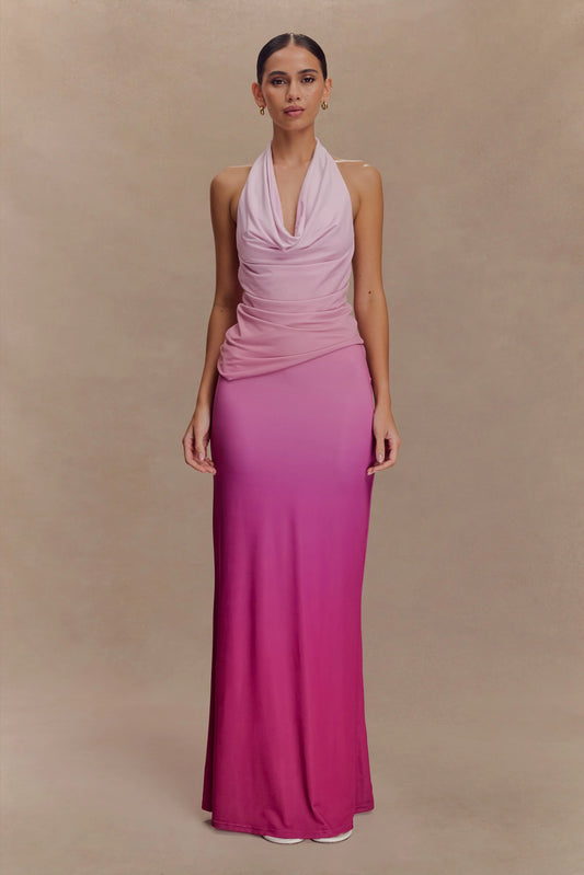 Bruna Slinky Fishtail Maxi Skirt Ombre Pink