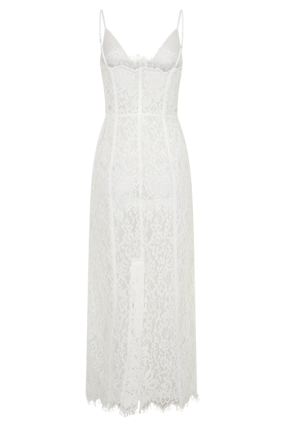 Ottilie Lace And Mesh Midi Dress White
