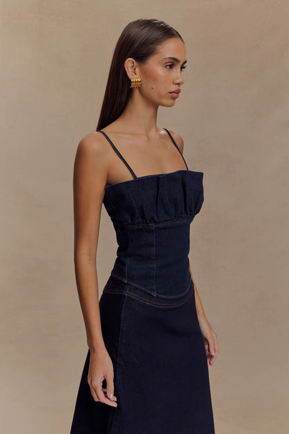 Cecilia Denim Frill Corset Indigo Blue