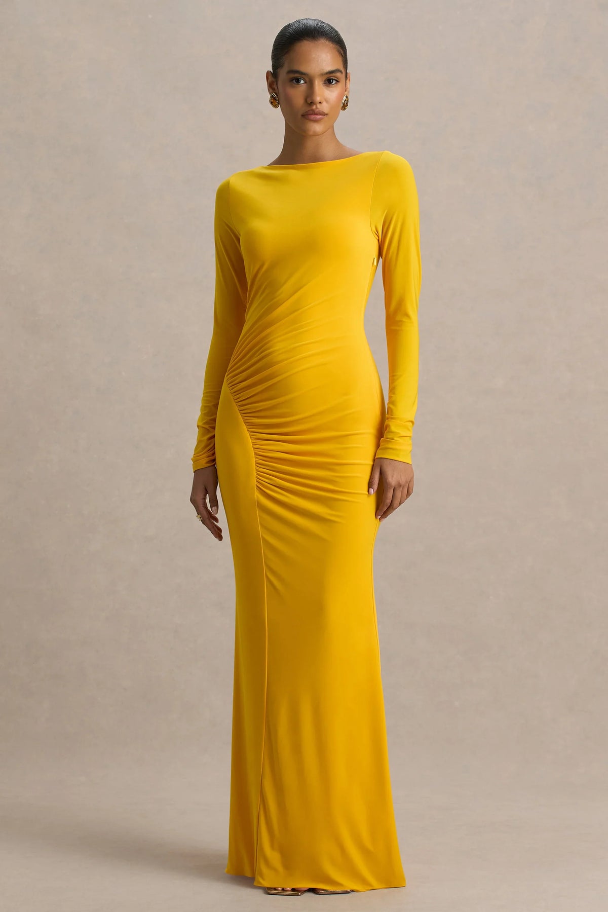 Diva Yellow Slashed Neck Maxi Dress With Ruched Detailing