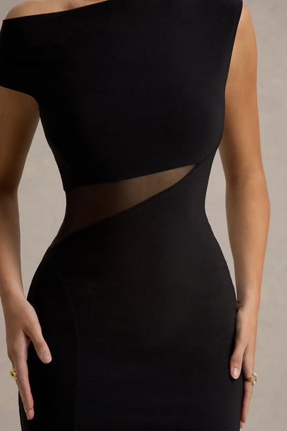 Emily Black Asymmetric Split Maxi Dress With Mesh Detailing