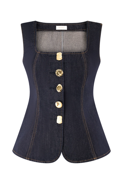 Neve Sleeveless Buttoned Denim Top Washed Indigo Blue
