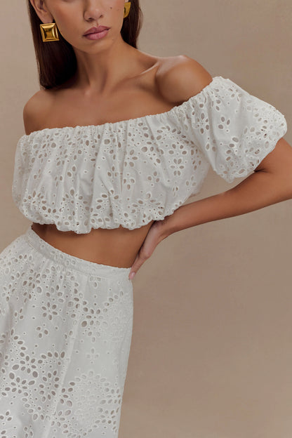 Autumn Off Shoulder Broderie Top White
