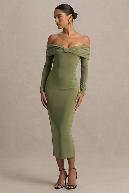 Spark Olive Bardot Neck Midi Dress With Bow Detail