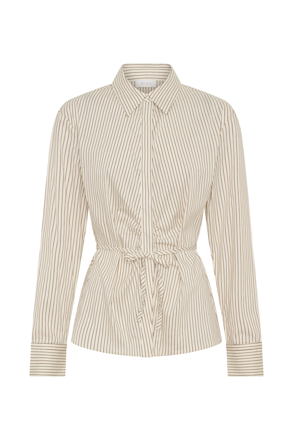 Millie Tie Back Cotton Shirt Beige Pinstripe