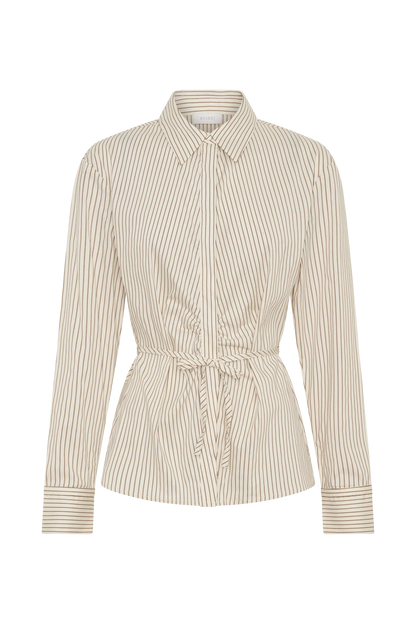 Millie Tie Back Cotton Shirt Beige Pinstripe