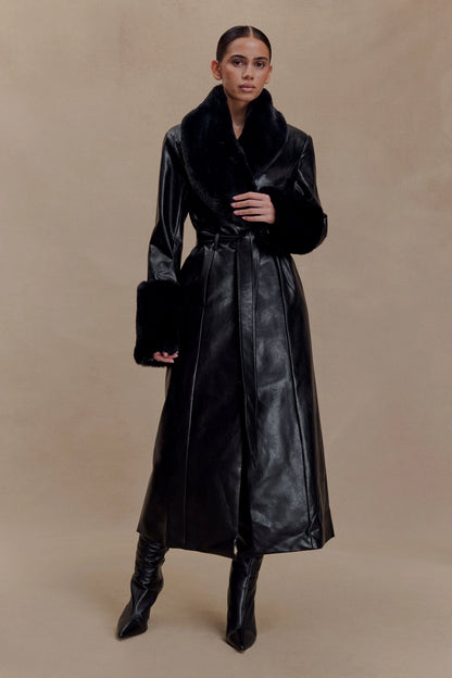 Bec Faux Leather Trench Coat With Faux Fur Black
