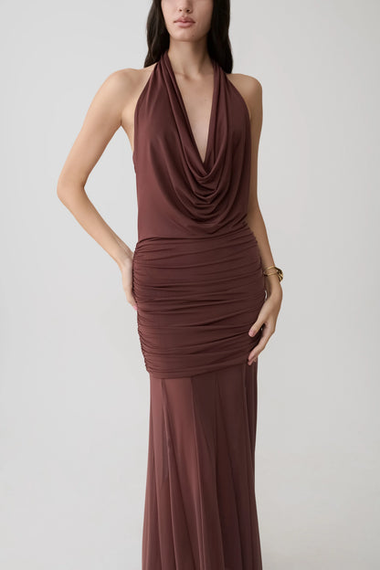 Jorja Draped Halter Slinky Maxi Dress Chocolate