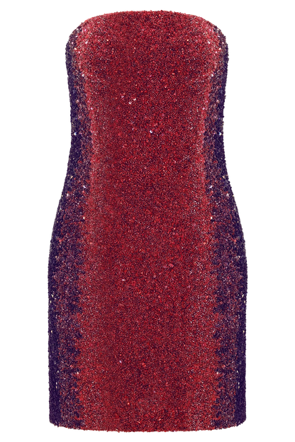 Zander Hand Beaded Strapless Mini Dress Red Ombre