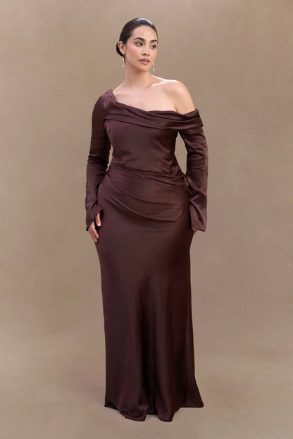 Iris Long Sleeve Satin Maxi Dress Dark Chocolate