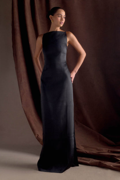 Violet Sleeveless Satin Maxi Dress Black