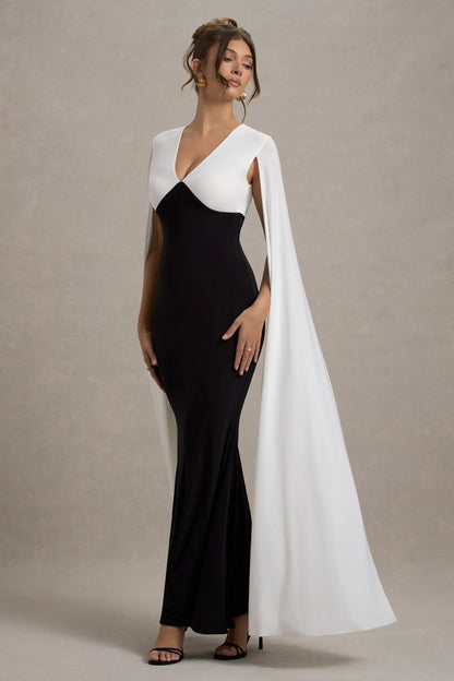 Grace Kelly Black White Plunge Neck Maxi Dress With Cape Sleeves