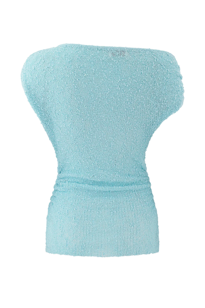 Chloe Off Shoulder Boucle Knit Top Light Blue
