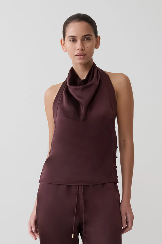 Danica Satin Halter Sleeveless Top Mahogany