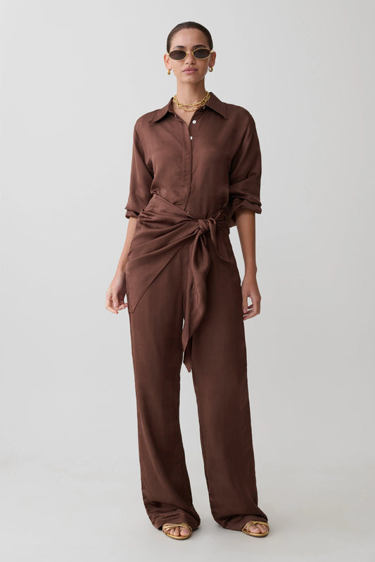 Gia Wrapped Tie Satin Pants Chocolate