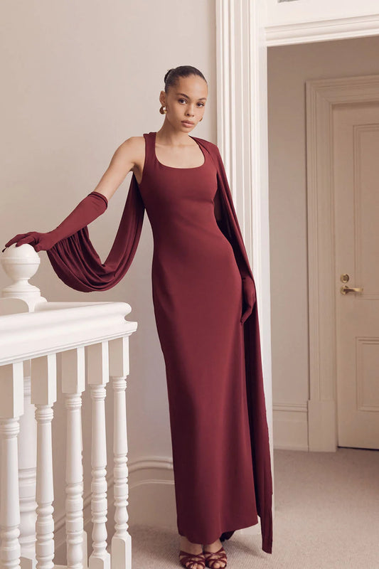 Rhea Detachable Cape Jersey Maxi Dress Wine